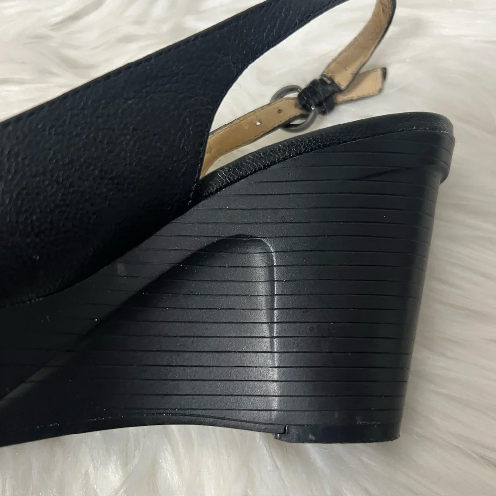 Marc Fisher Black Leather Peep-Toe Slingback Rockabilly Platform Wedges 6.5